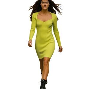 Westbridge Apparel Neon Yellow Ribbed Knit Long Sleeve Bodycon Dress Size M NWT